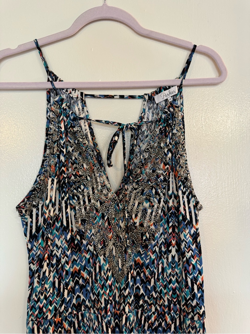 Parker Beaded Halter Maxi Dress in Multi-Blue Print - Picture 4 of 8